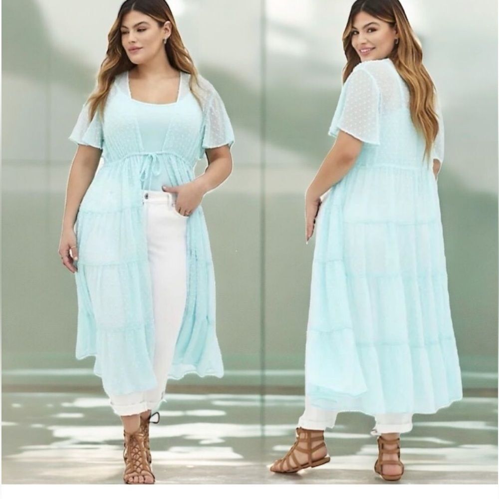 Torrid Chiffon Clip Dot Tiered Open Front Kimono Light Blue Size 2X